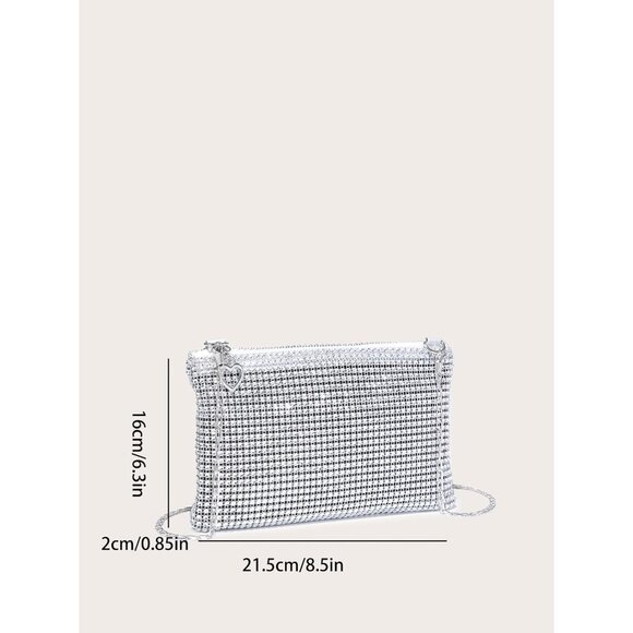 ⚡ Women's Mini Silver Shiny Glitter Rhinestone Square Sparkle Evening Clutch Bag - Picture 3 of 7